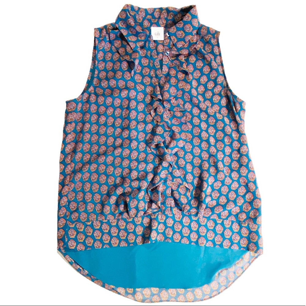 CAbi Medallion Reign Sleeveless Blouse Womens Sz Small Teal Orange Ruffles 3275 - Picture 3 of 11